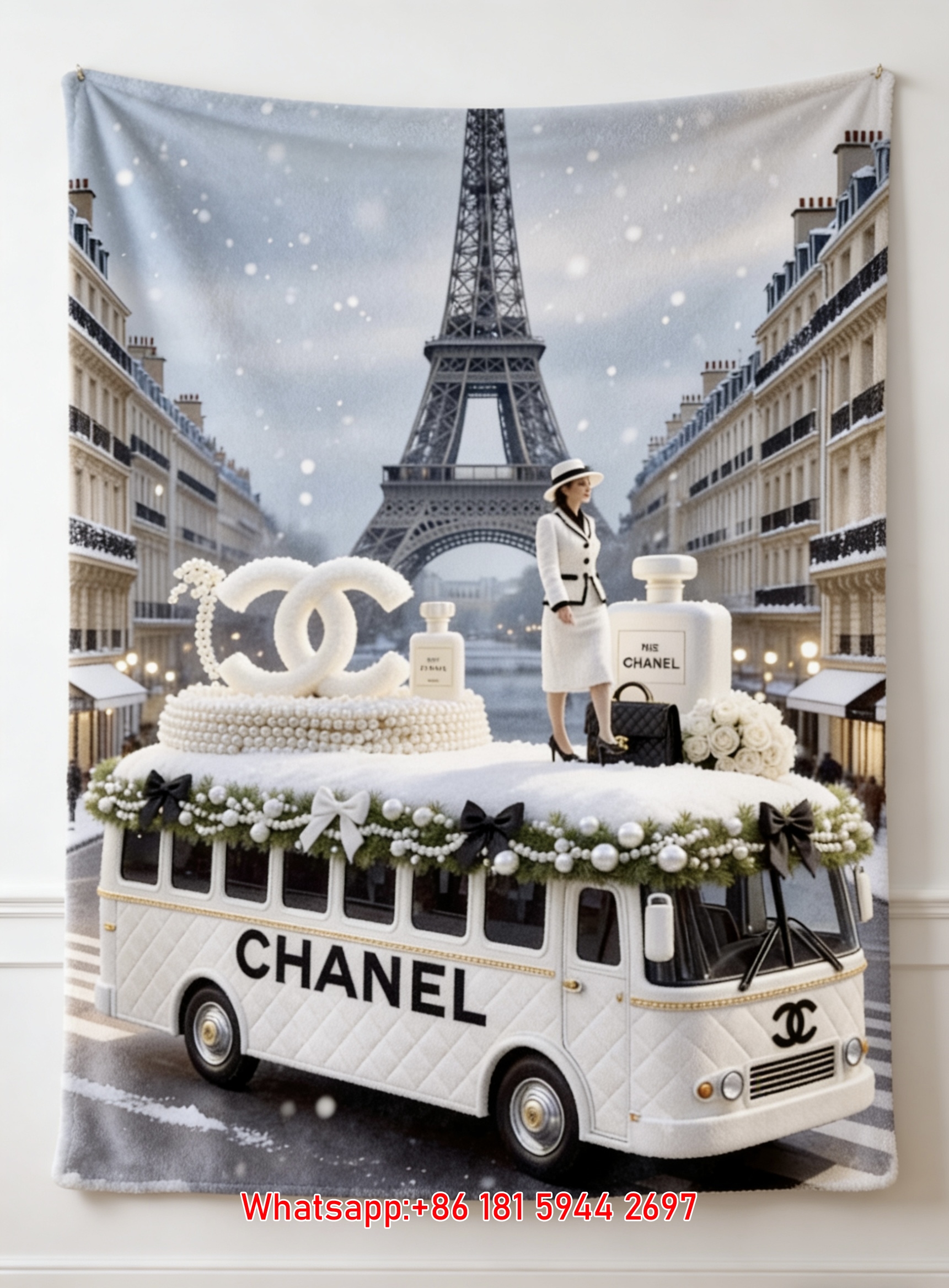 Luxury Chanel Winter Bus Flannel Throw Blanket  Paris Eiffel Tower Snow Print IMG_7195